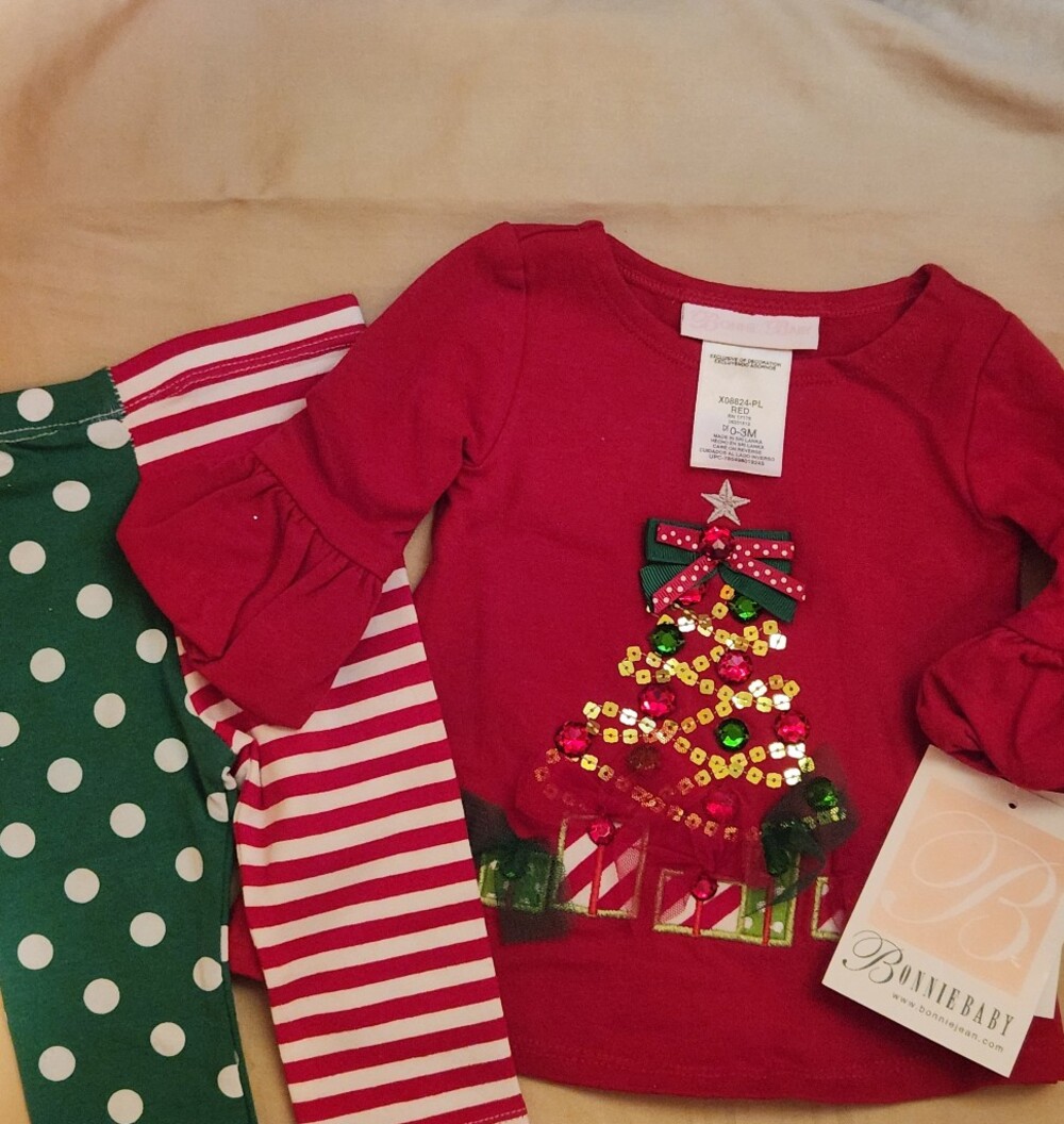 Bonnie Jean Red Sequin Christmas Tree Top w/ Green & White Pants, S-3/6mons, NWT
